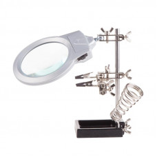 Держатель Третья рука, 2 зажима, лупа 85мм (2.5х), подставка паяльника, LED подсветка, чугун REXANT