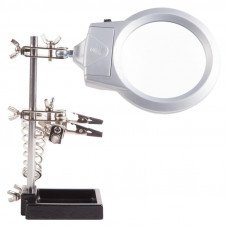 Держатель Третья рука, 2 зажима, лупа 85мм (2.5х), подставка паяльника, LED подсветка, чугун REXANT