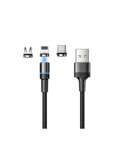Кабель USB 3в1 со съемными магнитными портами, Type-С (2A), Lightning (2,4A), Micro USB (2A), 1,2м, в черной оплетке, с LED подсветкой REXANT