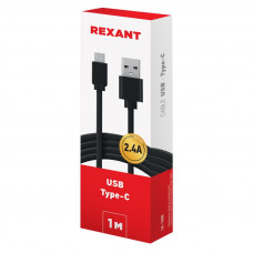 Кабель USB-A – Type-C, 2,4A, 1м, ПВХ, черный, плоский REXANT