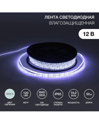 Лента светодиодная 12В, SMD2835, 19,2 Вт/м, 120 LED/м, 6000К, 10мм, 50м, IP65 LAMPER