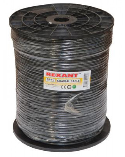 Кабель коаксиальный RG-6U, 75Ом, CCS/Al/Al, 64%, 305м, OUTDOOR, черный REXANT