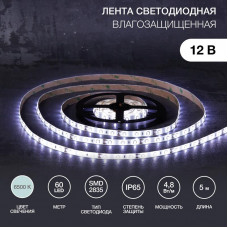 Лента светодиодная 12В, SMD2835, 4,8Вт/м, 60 LED/м, 6500К, 8мм, 5м, для БП с клеммами, IP65 LAMPER