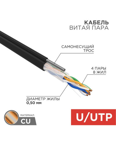 Кабель витая пара U/UTP, CAT 5e, PE, 4PR, 24AWG, OUTDOOR, SOLID, черный, с тросом, 305м, REXANT