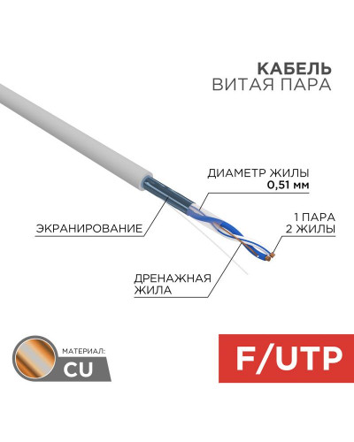 Кабель витая пара F/UTP, CAT 5e, PVC, 1PR, 24AWG, INDOOR, SOLID, серый, 305м, REXANT