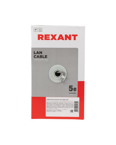 Кабель витая пара U/UTP, CAT 5e, ZH нг(А)-HF, 4PR, 24AWG, INDOOR, SOLID, серый, 305м REXANT