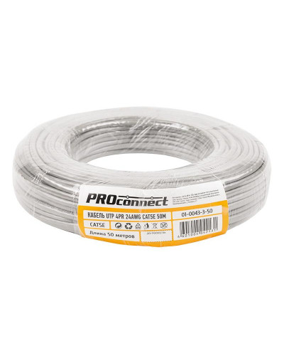 Кабель витая пара омедненный, U/UTP, CCA, CAT 5e, PVC, 4PR, 24AWG, INDOOR, SOLID, серый, 50м PROconnect