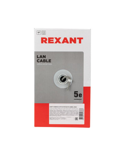 Кабель витая пара U/UTP, CAT 5e, ZH нг(А)-HF, 4PR, 24AWG, INDOOR, SOLID, серый, 305м REXANT LIGHT