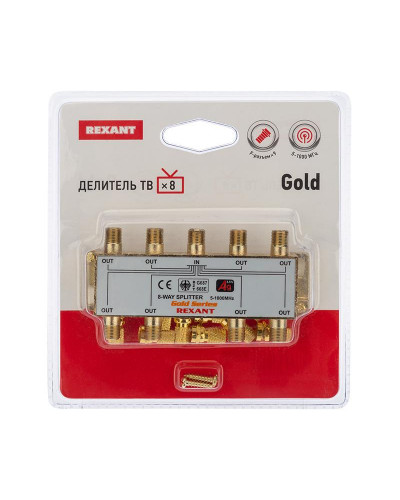 Делитель ТВх8 под F-разъем, 5-1000МГц, Gold (9 F-разъемов в комплекте) REXANT