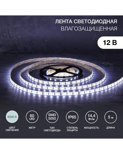 Лента светодиодная 12В, SMD5050, 14,4Вт/м, 60 LED/м, 6500К, 10мм, 5м, для БП с клеммами, IP65 LAMPER