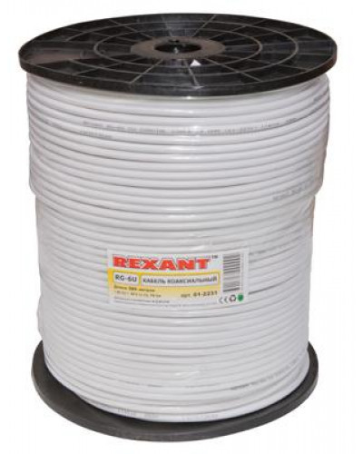 Кабель коаксиальный RG-6U, 75Ом, Cu/Al/Cu, 64%, 305м, INDOOR, белый REXANT