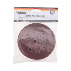 Диск абразивный на ворсовой основе, на липучке, перфорированный, P80, 125мм, 10 шт. KRANZ