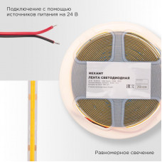 Лента светодиодная 24В, COB 10Вт/м, 384 LED/м, 3000K, 8мм, 5м, IP20 REXANT