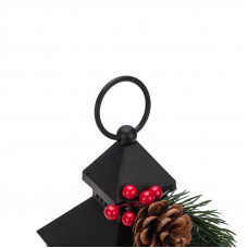 Декоративный фонарь со свечкой и шишкой, черный корпус, размер 10,7x10,7x23,5 см, цвет теплый белый