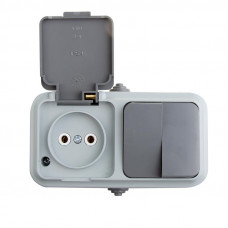 Выключатель двухклавишный + розетка влагозащищенная для открытой установки REXANT IP54, выключатель 10 А, розетка б/з 16 А, 2В-РЦ-655(03)