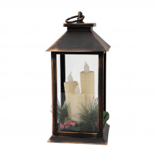 Декоративный фонарь со свечкой и шишкой, бронзовый корпус, размер 14x14x27 см, цвет теплый белый