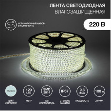 Лента светодиодная 220В, SMD3014, 9,6Вт/м, 120 LED/м, Холодный белый, 6х10,6мм, 100м, с кабелем питания, IP67 NEON-NIGHT