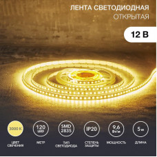 Лента светодиодная 12В, SMD2835, 9,6Вт/м, 120 LED/м, 3000K, 8мм, 5м, IP20 LAMPER