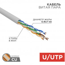 Кабель витая пара U/UTP, CAT 5e, PVC, 4PR, 24AWG, INDOOR, STRANDED, серый, 305м REXANT