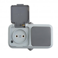 Выключатель одноклавишный + розетка влагозащищенная для открытой установки REXANT IP54, выключатель 10 А, розетка б/з 16 А, В-РЦ-653(03)