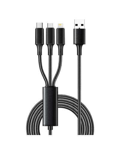 Кабель USB 3в1 Type-С (6A), Lightning (2,4A), micro USB (3A) 1,2м, в черной оплетке REXANT
