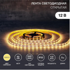 Лента светодиодная 12В, SMD2835, 4,8Вт/м, 60 LED/м, 3000К, 8мм, 5м, IP20 LAMPER