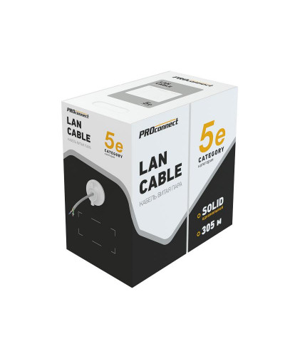 Кабель витая пара омедненный U/UTP, CCA, CAT 6, PVC, 4PR, 23AWG, INDOOR, SOLID, серый, 305м PROconnect