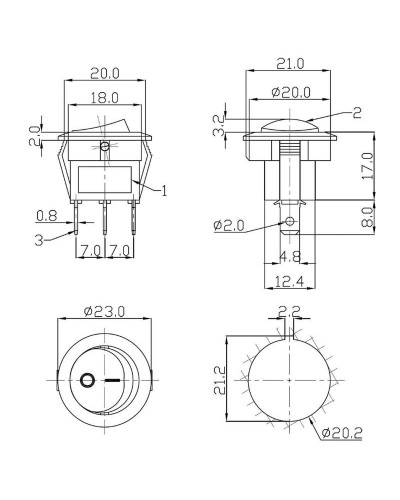 Выключатель клавишный круглый 12V 20А (3с) ON-OFF красный  с подсветкой  (RWB-214)  REXANT