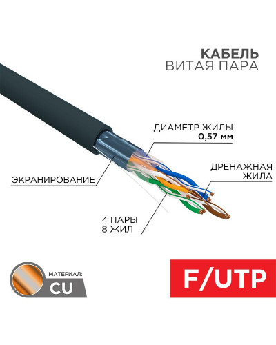 Кабель витая пара F/UTP, CAT 6, PE, 4PR, 23AWG, OUTDOOR, SOLID, черный, 305м REXANT