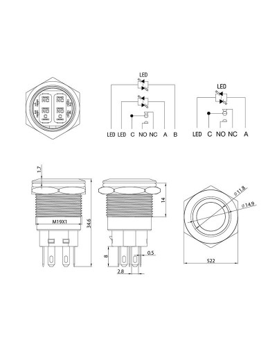 Кнопка антивандальная Ø19 12В(LED) Фикс (5с) OFF-ON/ON-OFF подсв/синяя REXANT