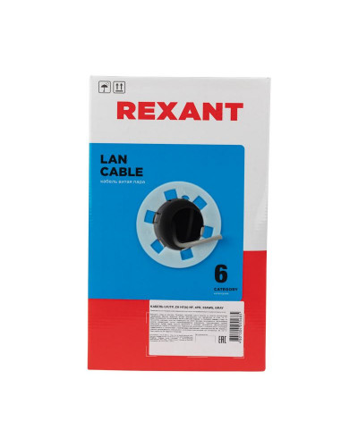 Кабель витая пара U/UTP, CAT 6, ZH нг(А)-HF, 4PR, 23AWG, INDOOR, SOLID, серый, 305 м, REXANT