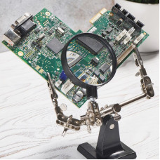 Держатель Третья рука, 2 зажима, лупа 60мм (2.5х), основание чугун REXANT