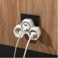 Двойник электрический (разветвитель) 16А с/з + USB-A + USB-C с защитными шторками, белый REXANT