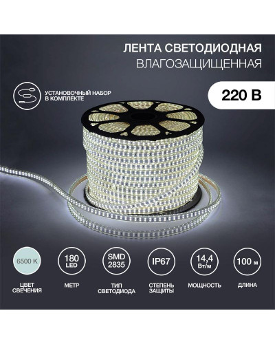 Лента светодиодная 220В, SMD2835, 180 LED/м, Холодный белый, 6,5x17мм, 100м, с кабелем питания, IP67 NEON-NIGHT