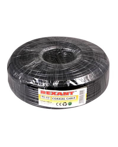Кабель коаксиальный RG-6U, 75Ом, CCS/Al/Al, 64%, 100м, OUTDOOR, черный REXANT