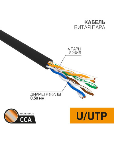 Кабель витая пара омедненный, U/UTP, CCA, CAT 5e, PE, 4PR, 24AWG, OUTDOOR, SOLID, черный, 305м PROconnect