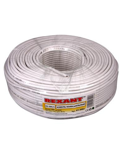 Кабель коаксиальный RG-58 A/U, 50 Ом, Cu/Al/Cu, 64%, 100м, INDOOR, белый REXANT