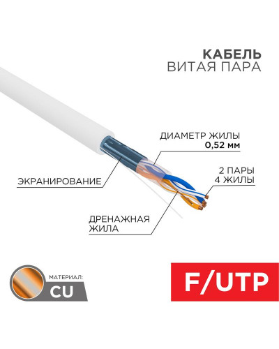 Кабель витая пара F/UTP, CAT 5e, PVCLSнг(А)-FRLSLTx 2х2х0,52 (С5796) 305м СегментЛАН