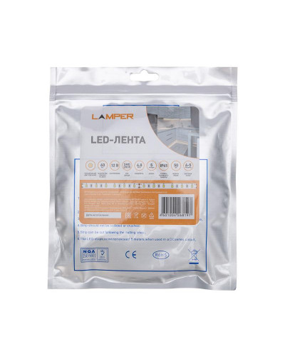Лента светодиодная 12В, SMD2835, 4,8Вт/м, 60 LED/м, 2700К, 8мм, 5м, для БП с клеммами, IP65 LAMPER