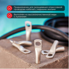 Наконечник медный луженый ТМЛ 35–12–9 (35мм² - Ø12мм) ГОСТ 7386-80 (в упак. 50 шт.) REXANT