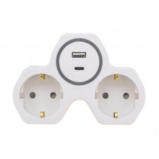 Двойник электрический (разветвитель) 16А с/з + USB-A + USB-C с защитными шторками, белый REXANT