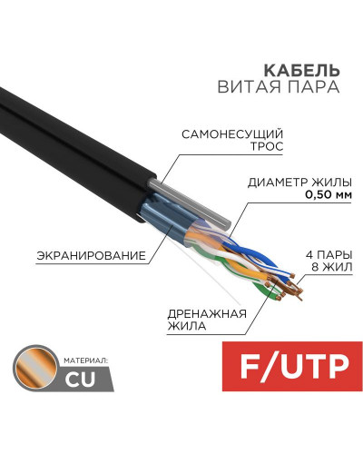 Кабель витая пара F/UTP, CAT 5e, PE, 4PR, 24AWG, OUTDOOR, SOLID, черный, с тросом, 305м, REXANT