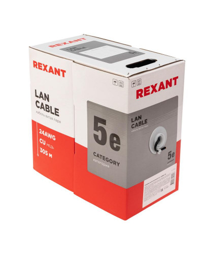 Кабель витая пара U/UTP, CAT 5e, PE, 4PR, 24AWG, OUTDOOR, SOLID, черный, 305м, REXANT