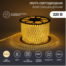 Лента светодиодная 220В, SMD5050, 60 LED/м, Теплый белый, 13х8мм,с кабелем питания, IP67 NEON-NIGHT