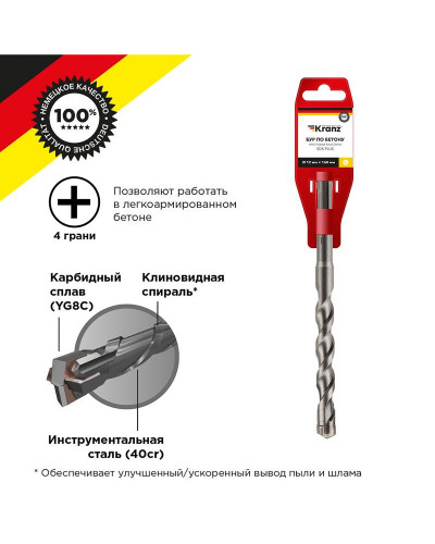 Бур по бетону 12x160x100мм, крестовая пластина, SDS PLUS KRANZ