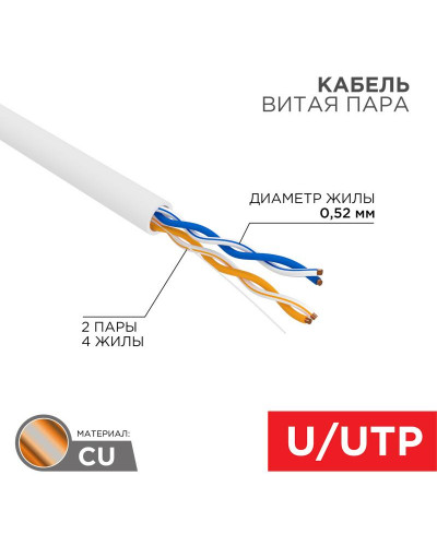 Кабель витая пара U/UTP, CAT 5e, PVCLSнг(А)-FRLSLTx 2х2х0,52 (С5805) 305м СегментЛАН