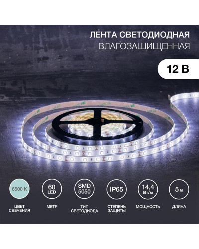 Лента светодиодная 12В, SMD5050, 14,4Вт/м, 60 LED/м, 6500К, 10мм, 5м, IP65 LAMPER