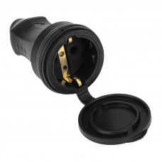 Розетка влагозащищенная переносная с крышкой 1 гнездо, 2P+PE, 230В, 16А, IP44, каучук, черная PROconnect