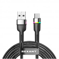 Кабель USB-A – Type-C, 3А, 18Вт, 1м, в черной нейлоновой оплетке, с LED подсветкой REXANT