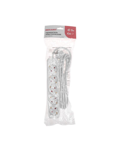 Удлинитель STANDARD 5 гнезд, 3м, 3х1,0мм², с/з, белый REXANT